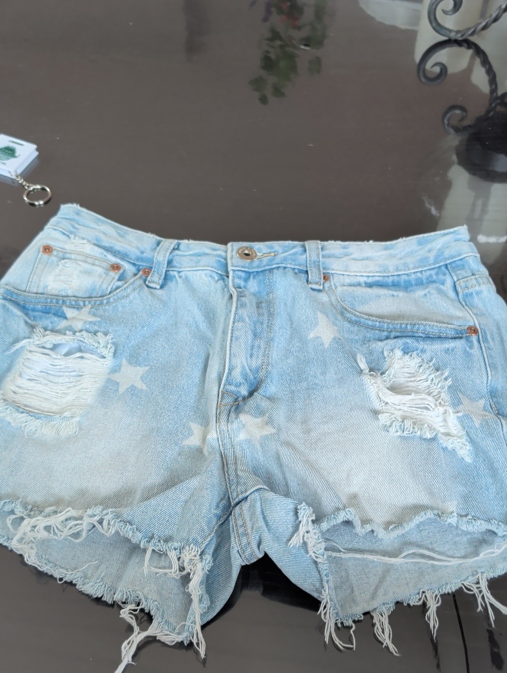 L. Dance & Marvel Light Blue Star-Print Distressed Denim Shorts
